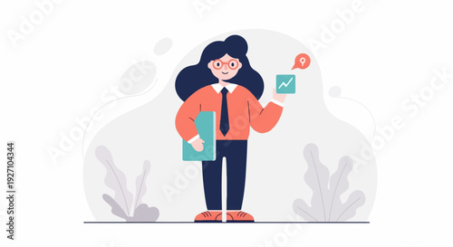 Cartoon depiction of a person in business attire holding a tablet with a graph and a folder