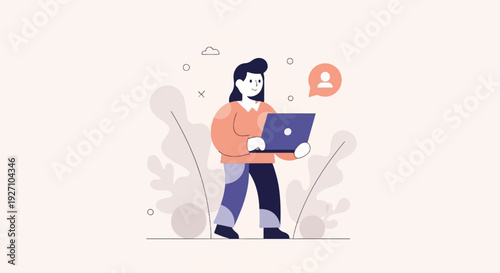 Person with laptop, stylized plant elements, abstract shapes, minimal design