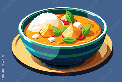 Colorful bowl of thai curry with tofu, rice, and fresh basil in decorative ceramic dish on wooden plate