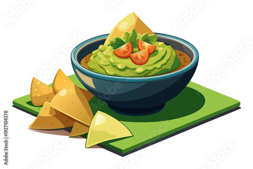 Vibrant bowl of guacamole with tomato garnish and tortilla chips on a green board for a delicious snack presentation