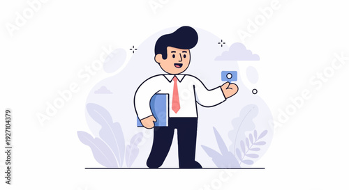 A cartoon man in a white shirt and tie holds a blue folder and a card