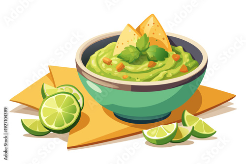 Fresh guacamole in bowl with tortilla chips and lime slices on orange napkin background for a mexican cuisine and snack theme