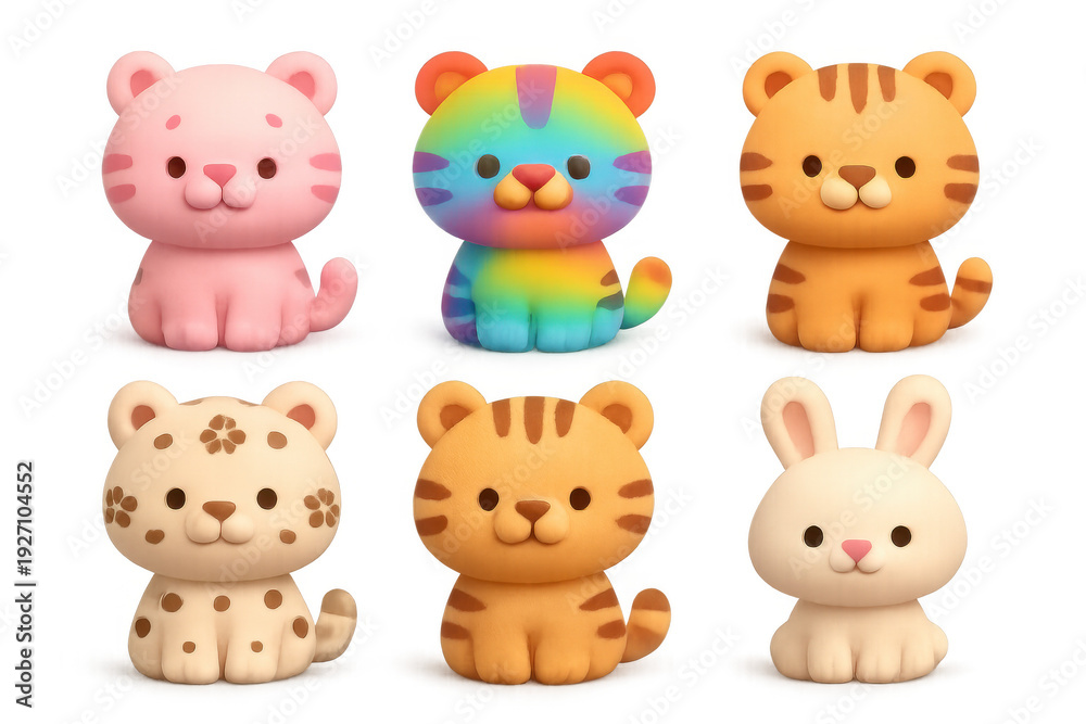 Fototapeta premium Collection of cute, stylized animal characters including tigers, a leopard, and a bunny