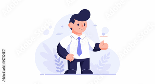 A cheerful, stylized male figure in business attire gives a thumbs-up, surrounded by abstract shapes and foliage elements