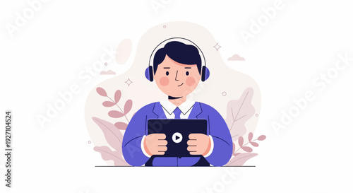 Person wearing headphones, holding a tablet with a play button, surrounded by abstract shapes and leaves