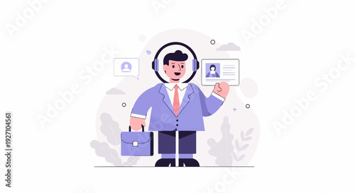 A cartoon man in a suit, headphones, and holding a briefcase and ID card