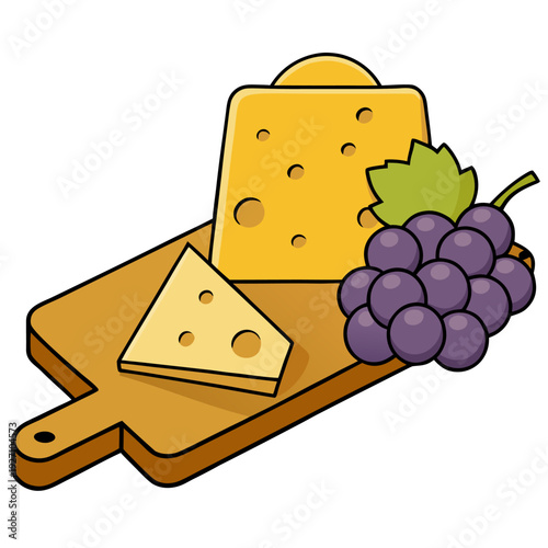Illustration of swiss cheese and grapes on wooden board: perfect culinary pairing for gourmet tasting experiences and elegant charcuterie platters