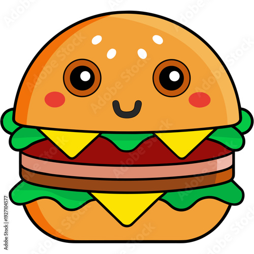 Cute smiling cartoon burger with cheese, lettuce, and tomato - kawaii fast food character with happy expression