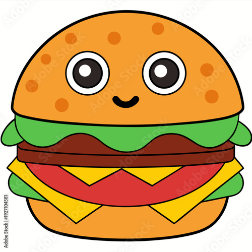Cute cartoon hamburger character with big eyes and smile featuring colorful layers of cheese, lettuce, and tomato