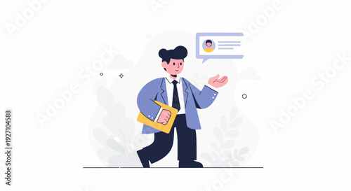 Animated man in a suit walking with a folder and a chat bubble above his head
