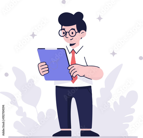 A smiling man in a white shirt, red tie, and dark trousers holds a tablet