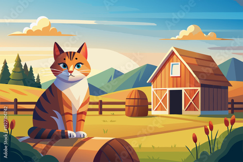 Charming cat relaxing on wooden log in picturesque farm landscape at sunset with barn and rolling hills in background