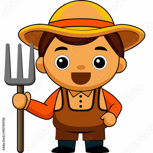 Cute cartoon farmer character in overalls and straw hat holding pitchfork with cheerful expression on white background