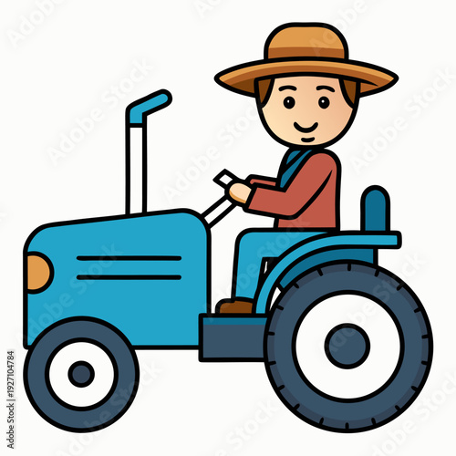 Smiling farmer rides blue tractor wearing straw hat and red shirt, simplified cartoon illustration on white background