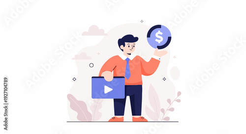 Flat style illustration of a man holding a play button and a dollar coin