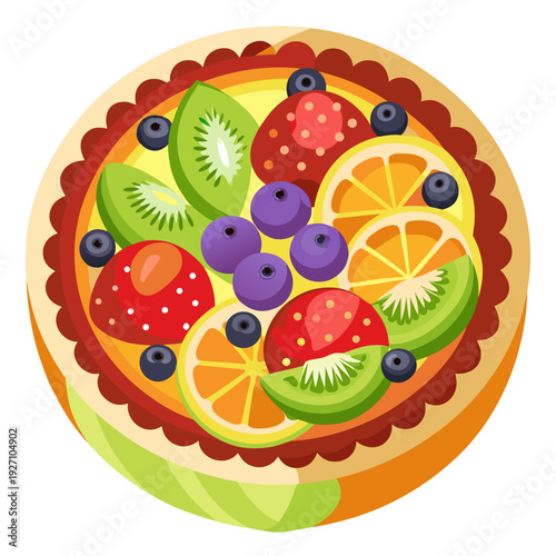 Vibrant fruit tart with berries, kiwi, orange slices, and a rich custard base in a crisp pastry shell