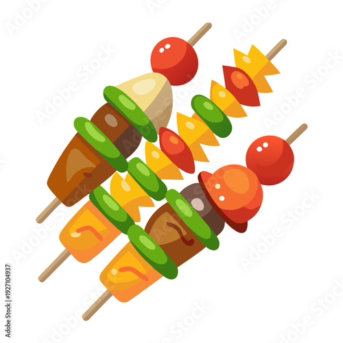 Colorful vegetable and meat skewers with peppers, mushrooms, and tomatoes on wooden sticks isolated on white background