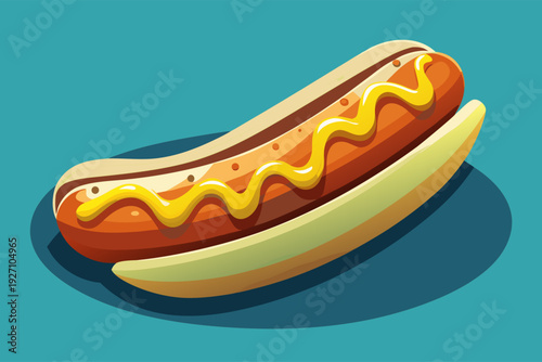 Delicious hot dog with mustard on a bun against a vibrant teal background in eye-catching cartoon style