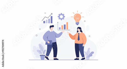 Two people discuss business charts and an idea lightbulb with plant decor