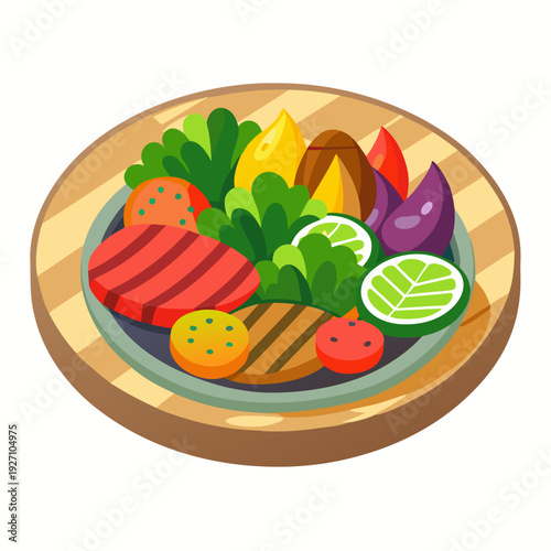 Colorful cartoon salad with fresh vegetables including lettuce, tomatoes, peppers, and cucumbers on wooden plate