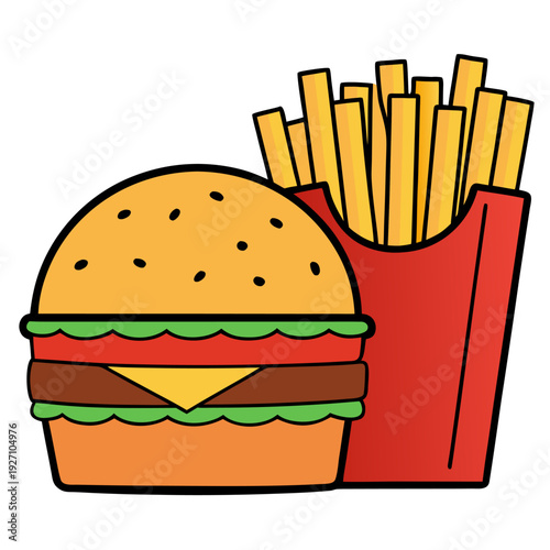 Cheeseburger with lettuce, tomato, and cheese slice accompanied by crispy golden french fries in a red container