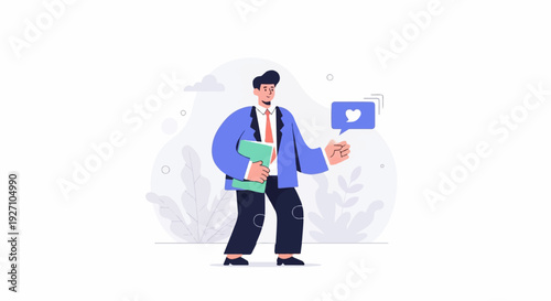 A man in a suit holds a folder and a speech bubble with a heart symbol above his hand