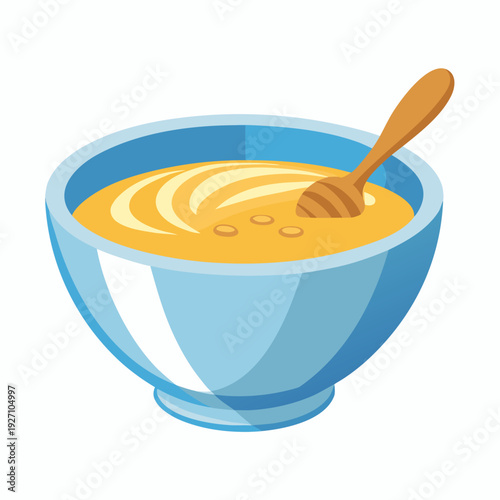 Illustrated blue bowl with honey and wooden dipper: vibrant design of sweet honey swirls in light blue bowl on white background