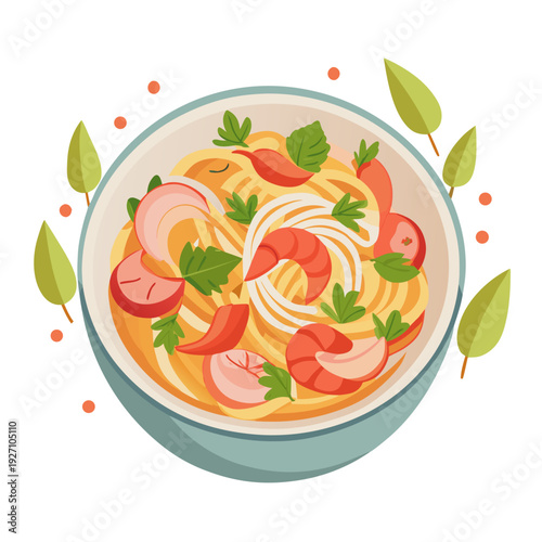 Bowl of spaghetti with shrimp and vegetables: vibrant colors and fresh ingredients create a wholesome mediterranean dish