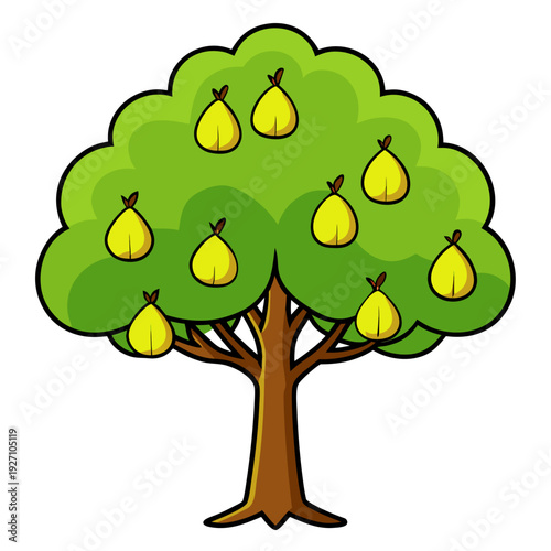 Lush green pear tree with ripe yellow pears on branches against white background in vibrant cartoon style art