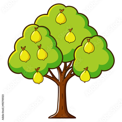 Vibrant pear tree laden with ripe yellow fruit contrasting against a bright green leafy canopy on a clear day