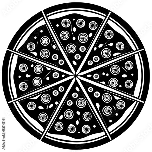 Monochrome pizza art: sliced abstract design with circular elements and bold patterns in a striking black and white style for modern decor