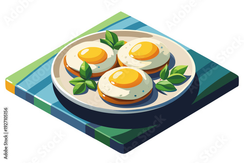 Artistic plate of sunny-side-up eggs with fresh basil on geometric patterned tablecloth
