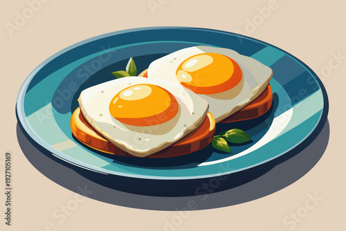 Freshly cooked sunny-side-up eggs on toast with basil garnish served on blue plate highlighting breakfast delight