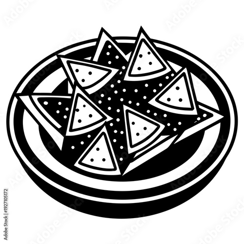 Monochrome geometric nachos design in circular bowl featuring stylized triangular chips and dotted patterns