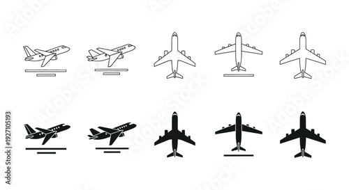 Collection of vector graphic illustrations showing airplanes taking off, landing, and viewed from above
