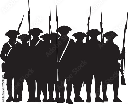 Group of revolutionary war soldiers line silhouette vector illustration military infantry