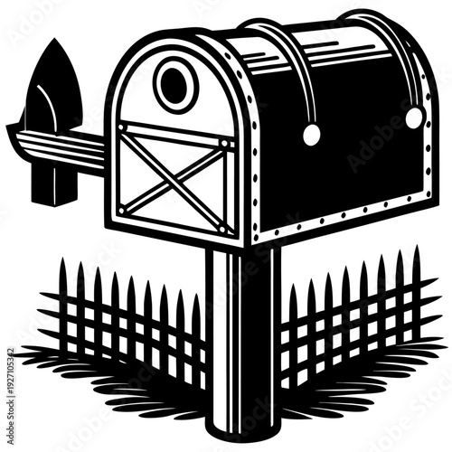 Decorative vintage mailbox with arched roof and front door handle in black and white near wooden fence