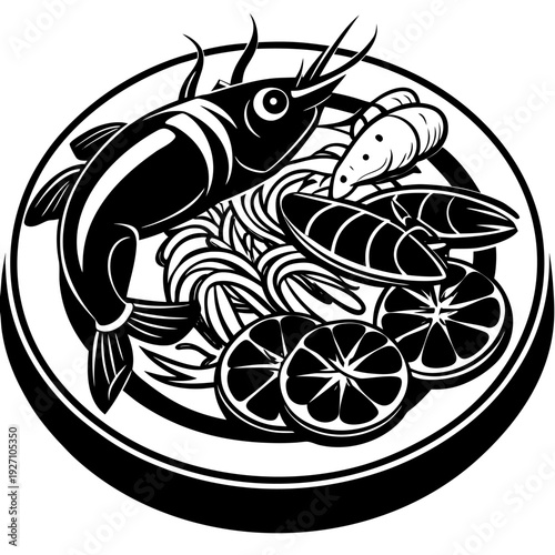 Elegant black and white shrimp pasta artwork with lemon slices and herb garnish on decorative plate