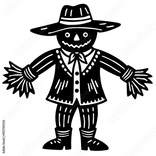 Black and white scarecrow illustration with straw hat and traditional outfit for halloween and harvest themes