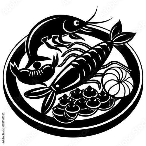 Traditional seafood platter with crab, shrimp, and seaweed design in black and white japanese art style
