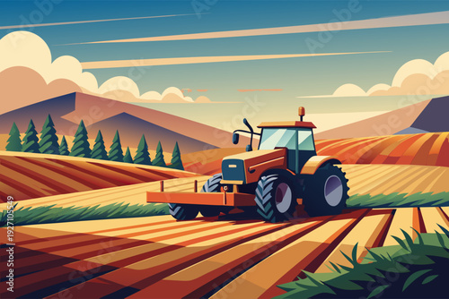 Vibrant countryside landscape with tractor on golden fields at sunset beneath a clear sky and rolling hills in the background