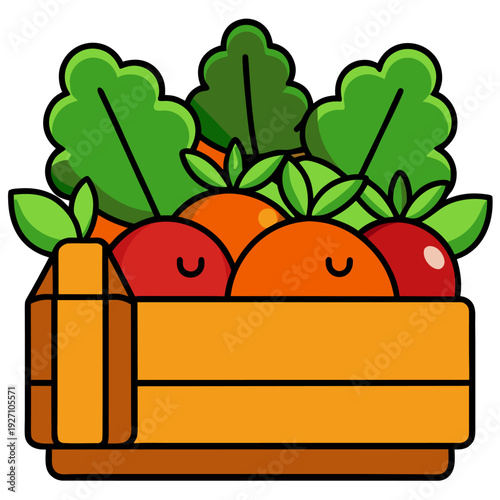 Cartoon wooden crate with fresh vegetables and fruits: tomatoes, oranges, and lush green leaves