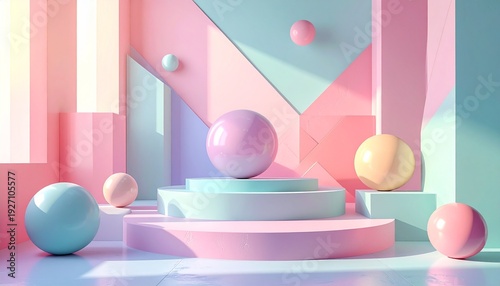 Pastel geometric spheres on pink gradient platform minimalist abstract design