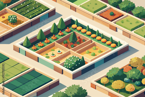 Colorful urban garden with diverse plants and trees in geometric layout surrounded by pathways in a vibrant cityscape