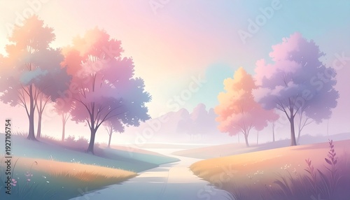 Misty sunrise landscape with colorful trees and river in serene nature scene