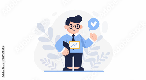 Cartoon businessman with thumbs up, holding a file, and a growth chart