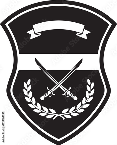 Military shield emblem with crossed swords silhouette vector illustration line art badge