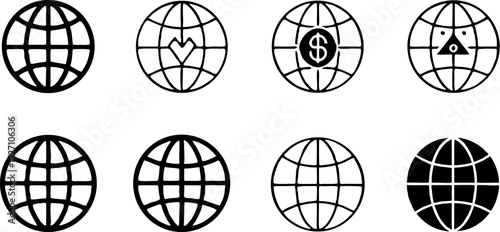 A collection of twelve globe icons arranged in a three-by-four grid, all in a flat, minimalist style, rendered in solid black against a transparent background. Each globe is spherical with latitude an