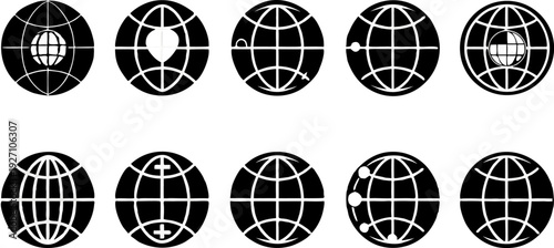 A collection of twelve globe icons arranged in a three-by-four grid, all in a flat, minimalist style, rendered in solid black against a transparent background. Each globe is spherical with latitude an