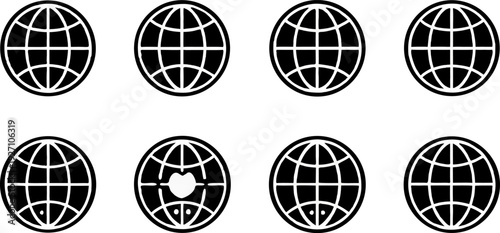 A collection of twelve globe icons arranged in a three-by-four grid, all in a flat, minimalist style, rendered in solid black against a transparent background. Each globe is spherical with latitude an